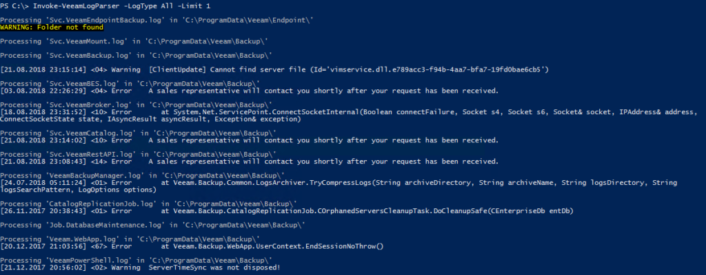 Veeam log file analysis with PowerShell - Invoke-VeeamLogParser -LogType All